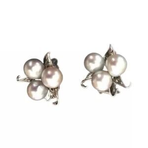 Antique Natural 3 Pearls Stud Earrings Sterling Silver 925 Clip On Designer